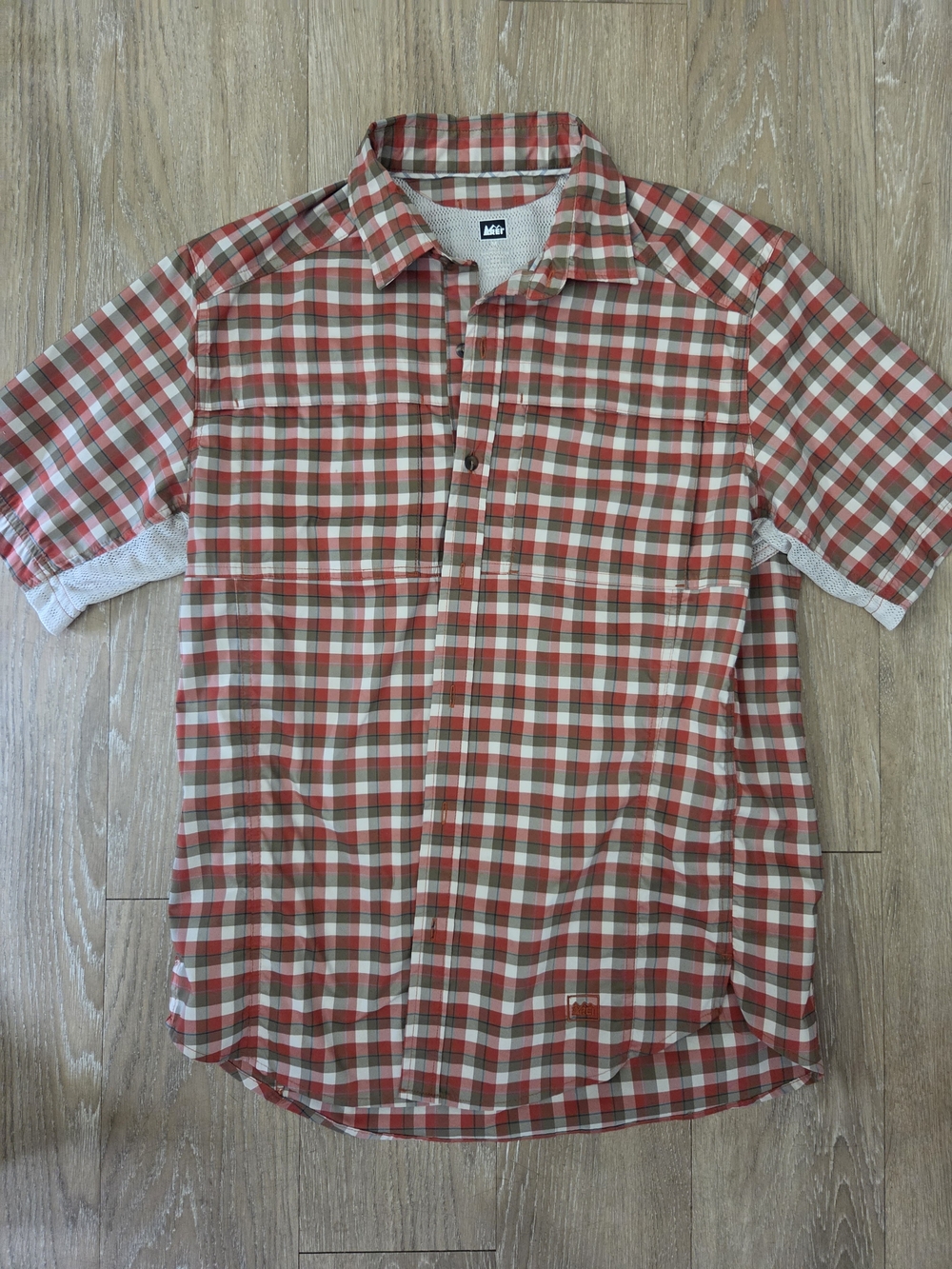 REI Men's Short-Sleeve Orange Plaid Performance Shirt SZ M EUC Fishing HIKING